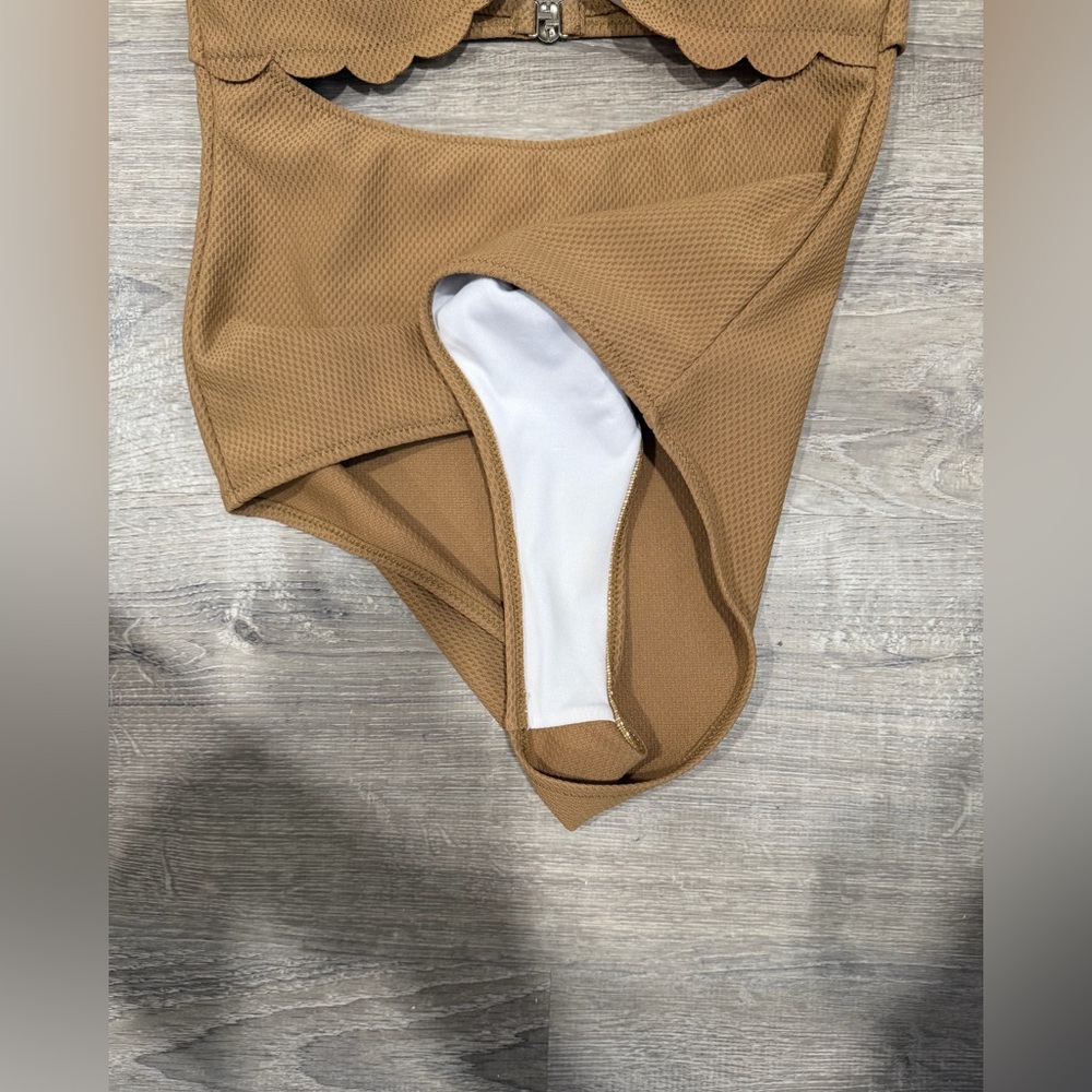Tan Halter Strapless Scallop One Piece Small High Waisted Bathing Swimsuit - Picture 5 of 7